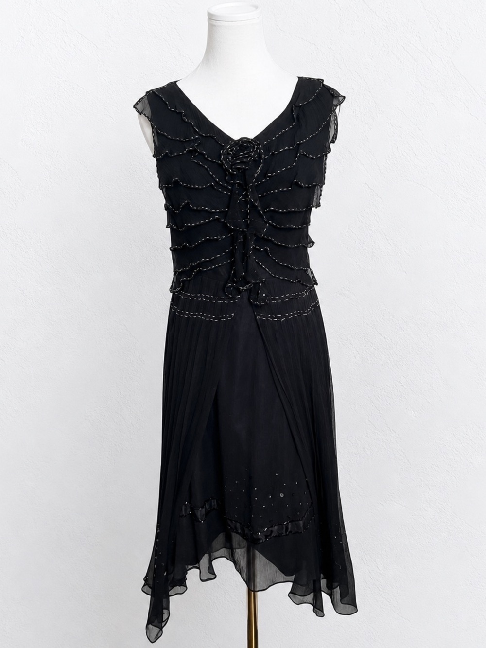 Vintage 100% Silk Black Ruffle Dress Fairycore Goth Sheer Midi M
